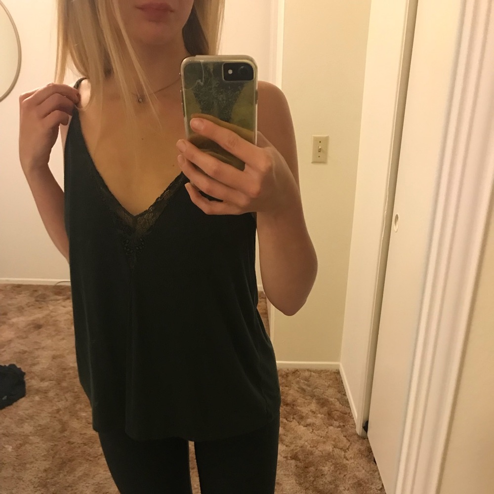 Dark green tank top, with eyelash lace detailing